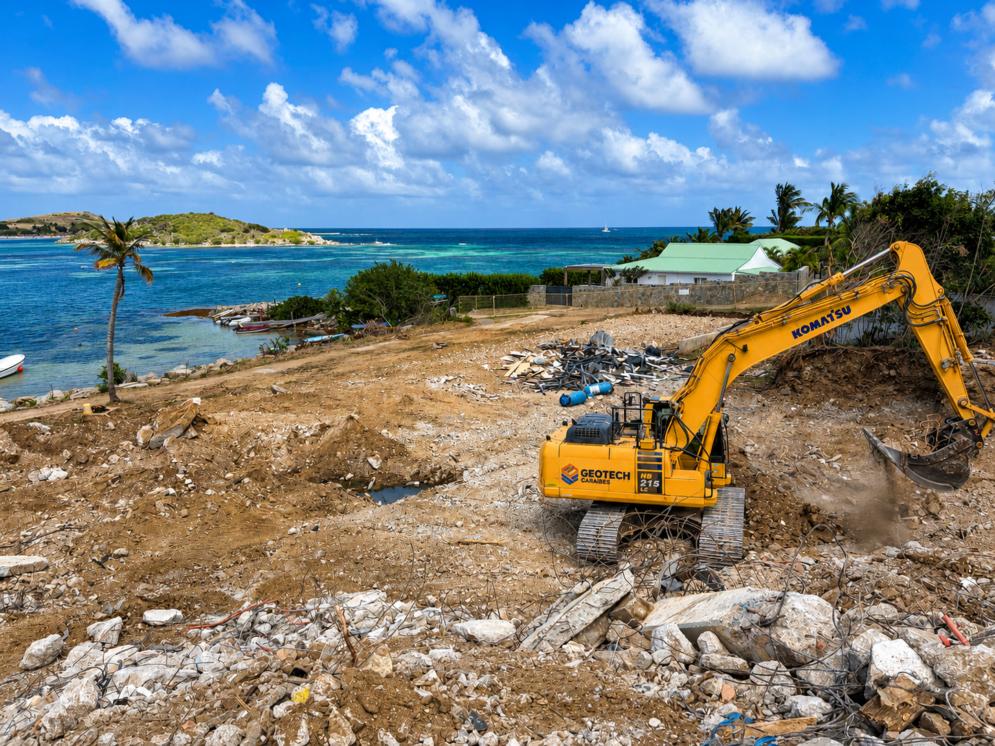 Pelle mécanique Geotech Caraïbes sur chantier de terrassement à Saint-Martin — entreprise VRD Sint Maarten